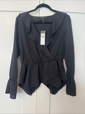 BCBG Maxazria Black Ruffle Wrap Blouse - Women